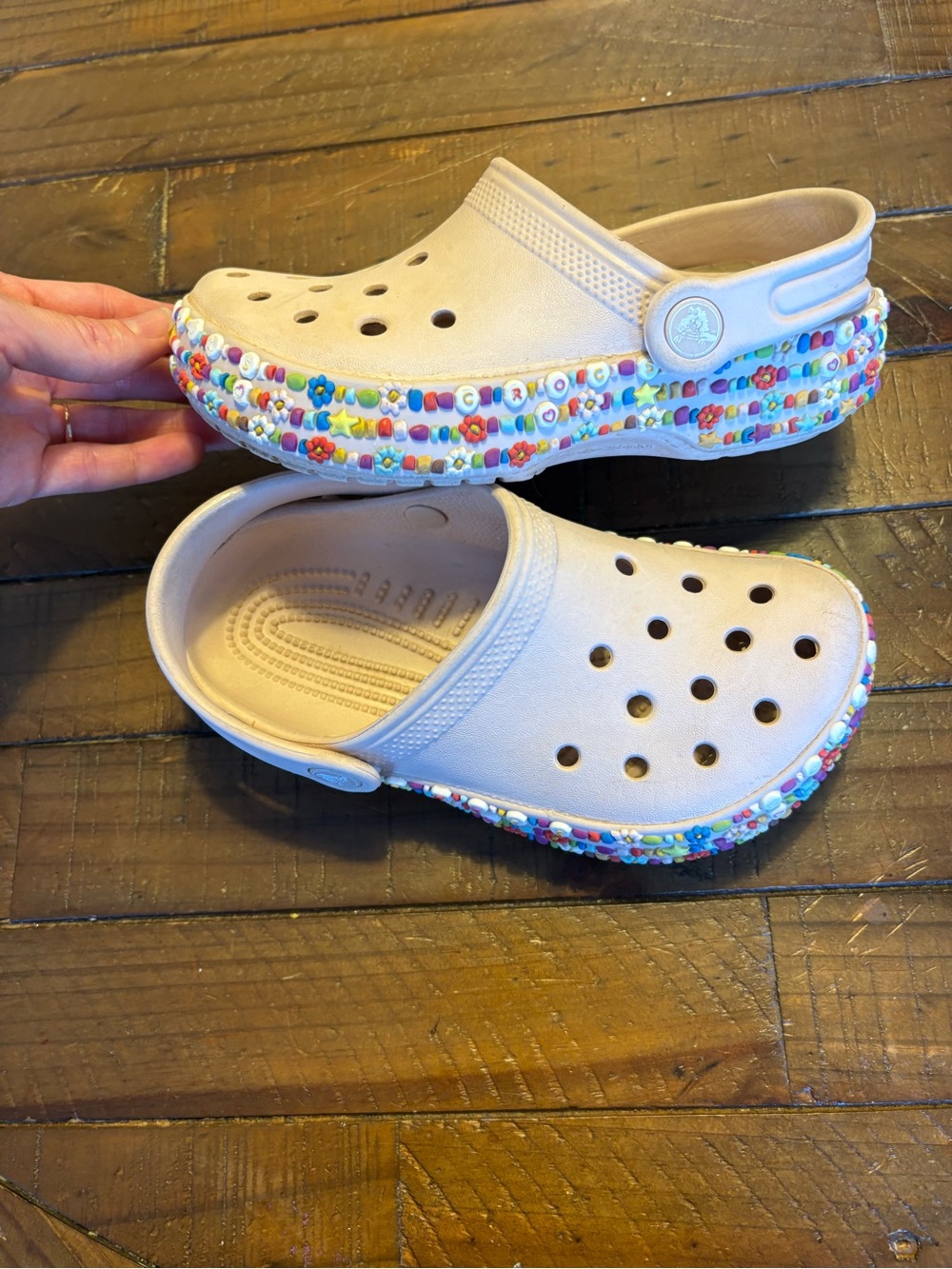 CROCS Kids Beige Clogs with Multicolor Bead-Trim Sole